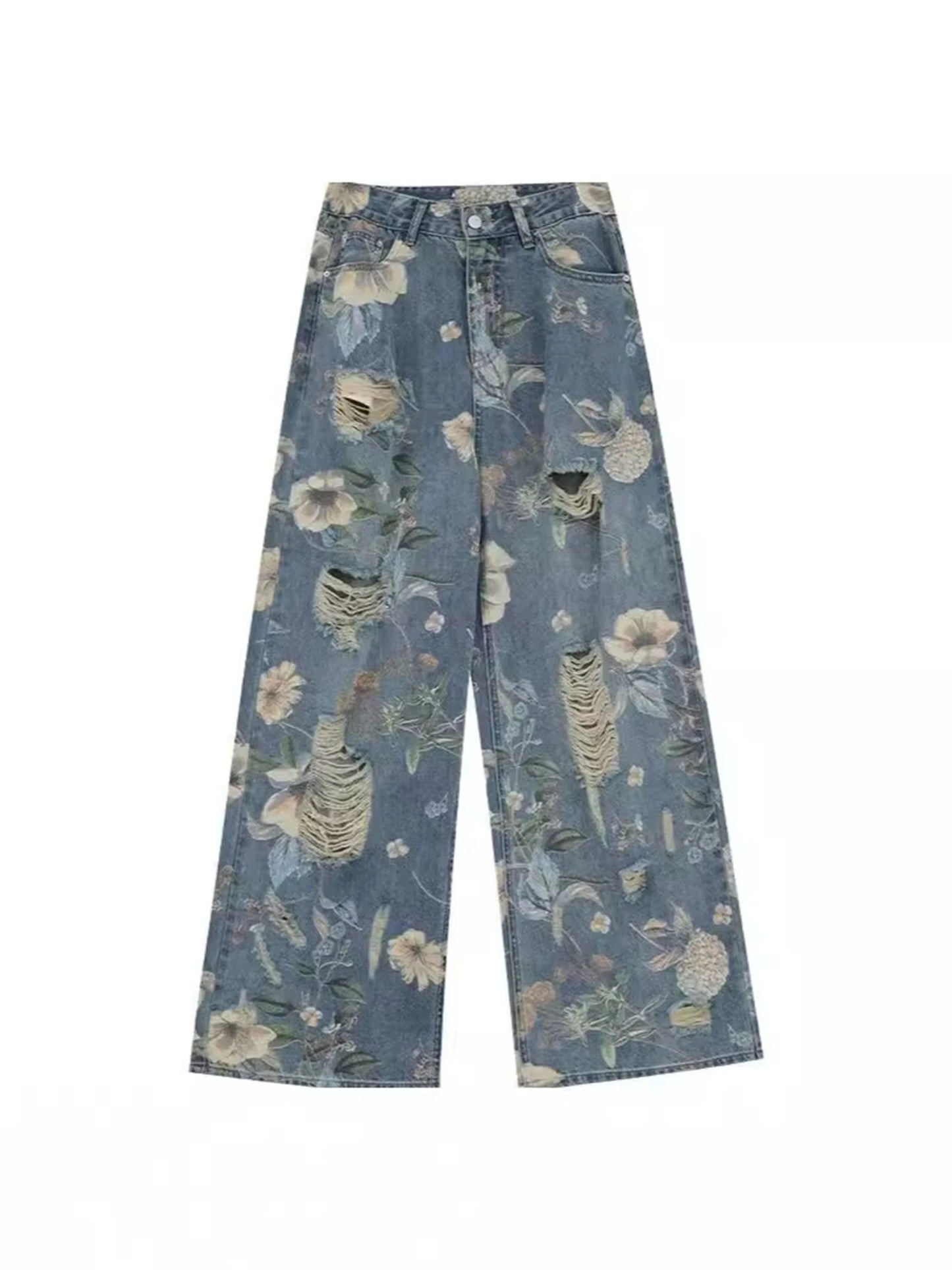 Y2K Women's Vintage Floral Print Distressed Wide Leg Jeans With Buckle Belt Streetwear Casual Denim Pants