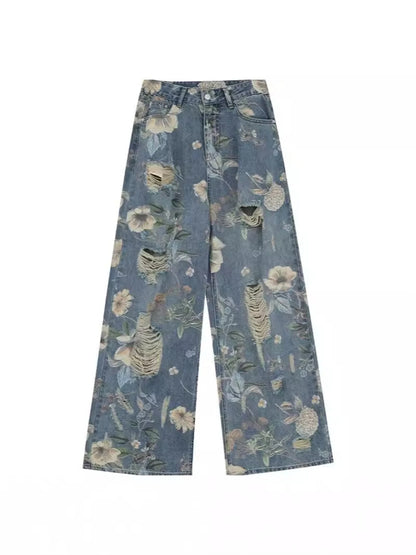 Y2K Women's Vintage Floral Print Distressed Wide Leg Jeans With Buckle Belt Streetwear Casual Denim Pants