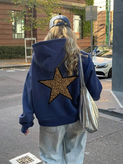 Casual Womans Hoodies Leopard Pentagram Pattern Printing Pullovers Loose Pocket Warm Fleece Sweatshirts Autumn Female Clothing
