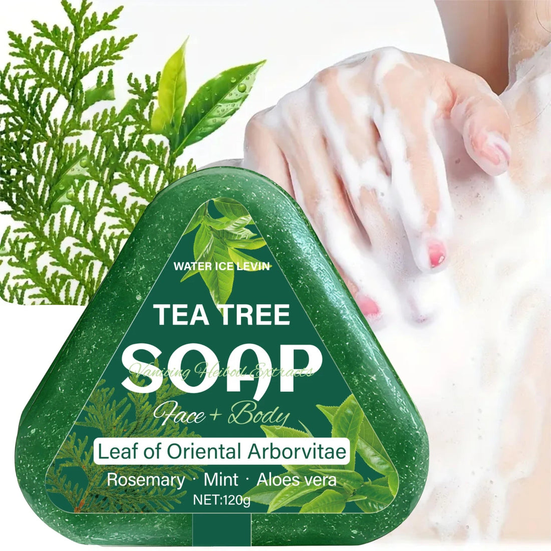 Tea Tree Soap (Face+Body): Oriental Arborvitae Leaf, Rosemary/Mint/Aloe, Gently Hydrates All Hair Types Halalzen