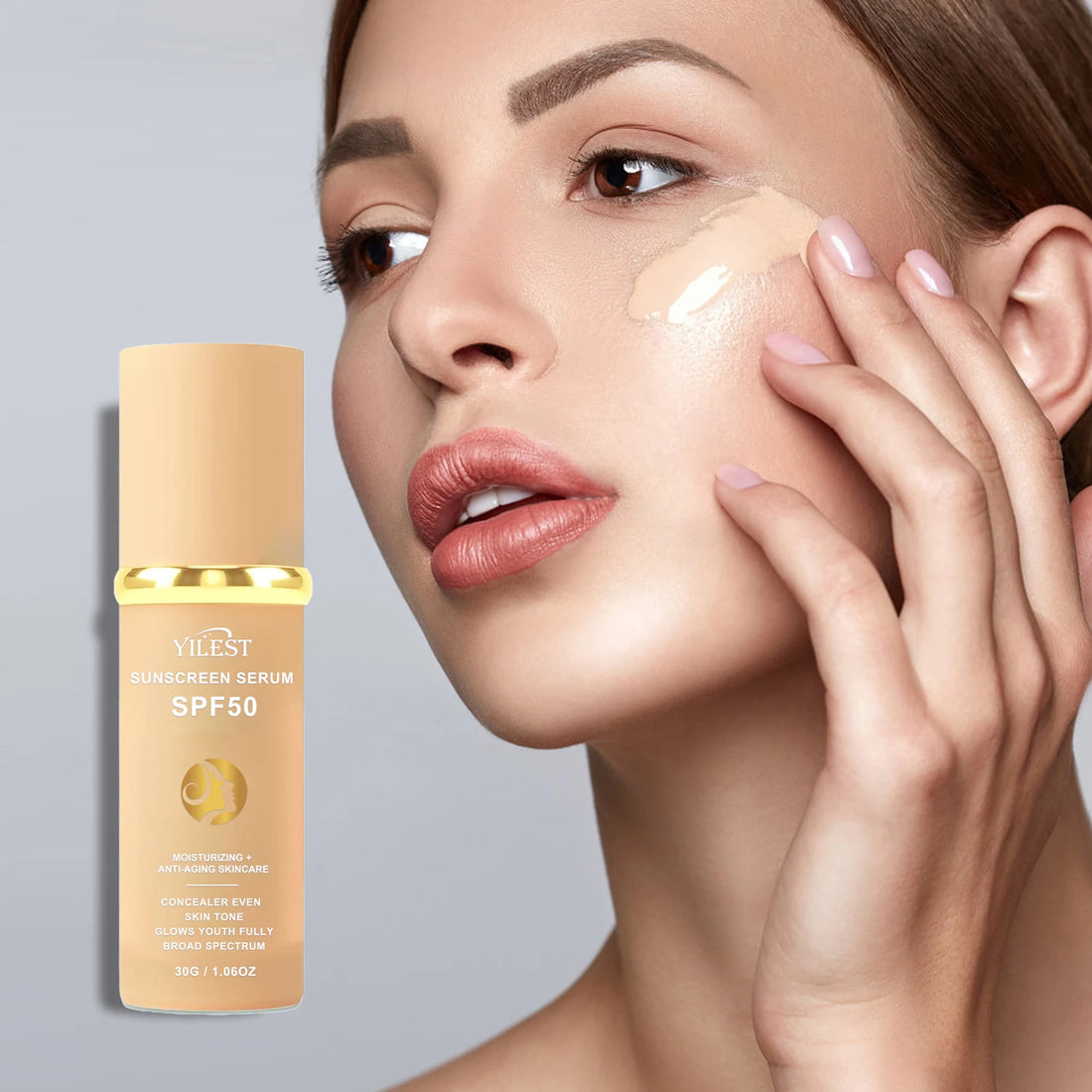 30g YILEST SPF50 Sunscreen Serum, 2‑in‑1 Makeup & Moisturizer, Light Tinted Foundation for Daily Outdoor Use