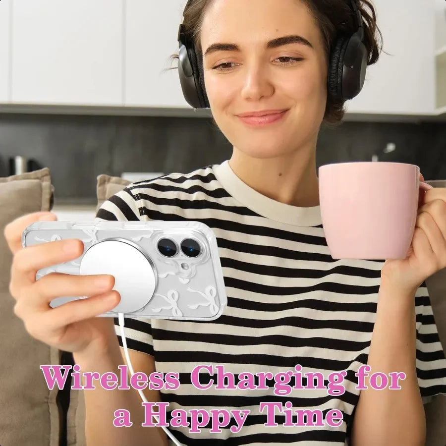 UEEBAI Magnetic for iPhone 16 Case Bow Case Compatible with MagSafe Wirel Slim Clear Ribbon Aesthetic Phone Cover AntiYellowing