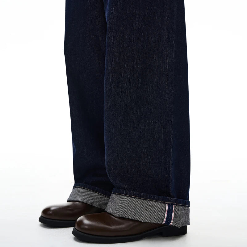 2025 autumn fashion original color straight leg rolled edge jeans for men, loose and versatile Japanese style long pants