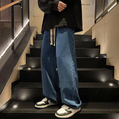 Men Fashion Korean Version Student Casual Jeans Men High Street Straight Leg Pants elastic waistband Vintage Wide Leg Trousers
