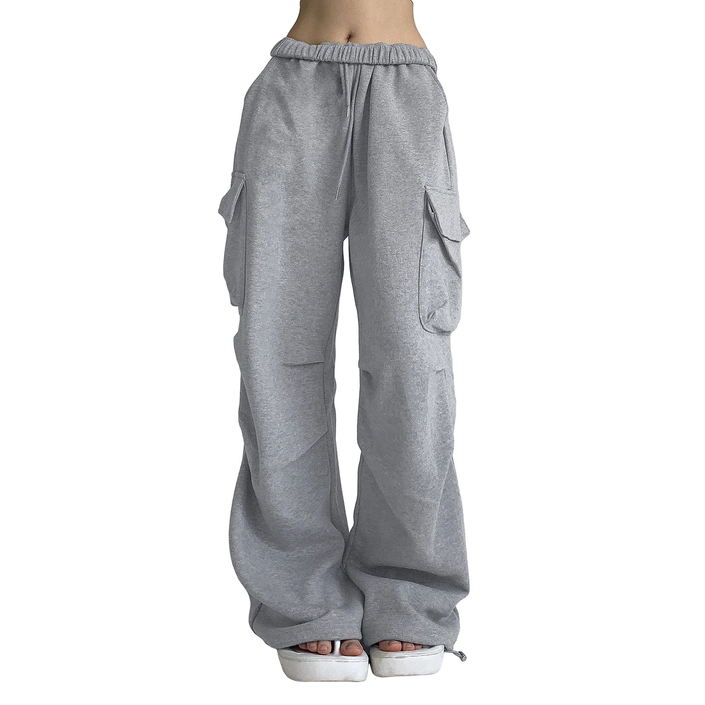 Women s Baggy Cargo Pants High Waist Solid Color Parachute Pants Ruched Sweatpants with Flap Pockets