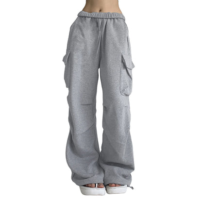 Women s Baggy Cargo Pants High Waist Solid Color Parachute Pants Ruched Sweatpants with Flap Pockets