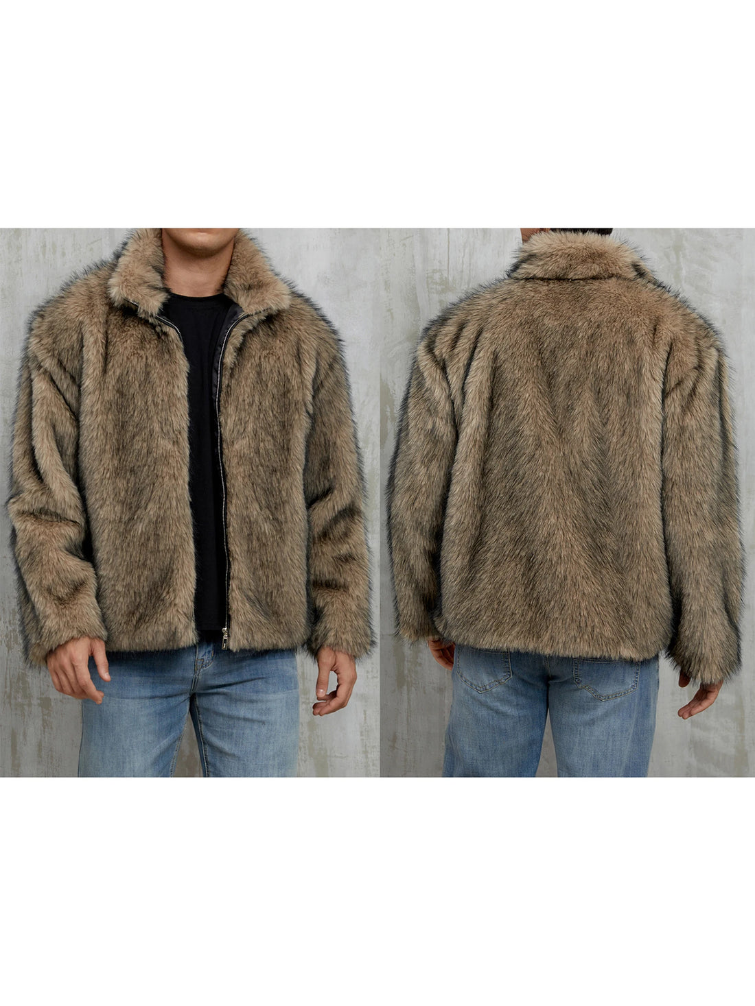 Men s Faux Fur Jacket Winter Thick Long Sleeve Stand Collar Loose Zip Up Coat Overcoat Warm Outwear Windbreaker Coat