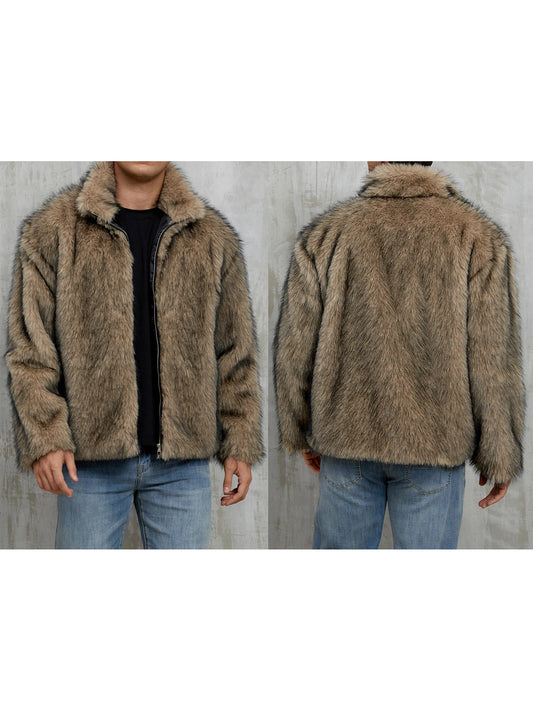 Men s Faux Fur Jacket Winter Thick Long Sleeve Stand Collar Loose Zip Up Coat Overcoat Warm Outwear Windbreaker Coat