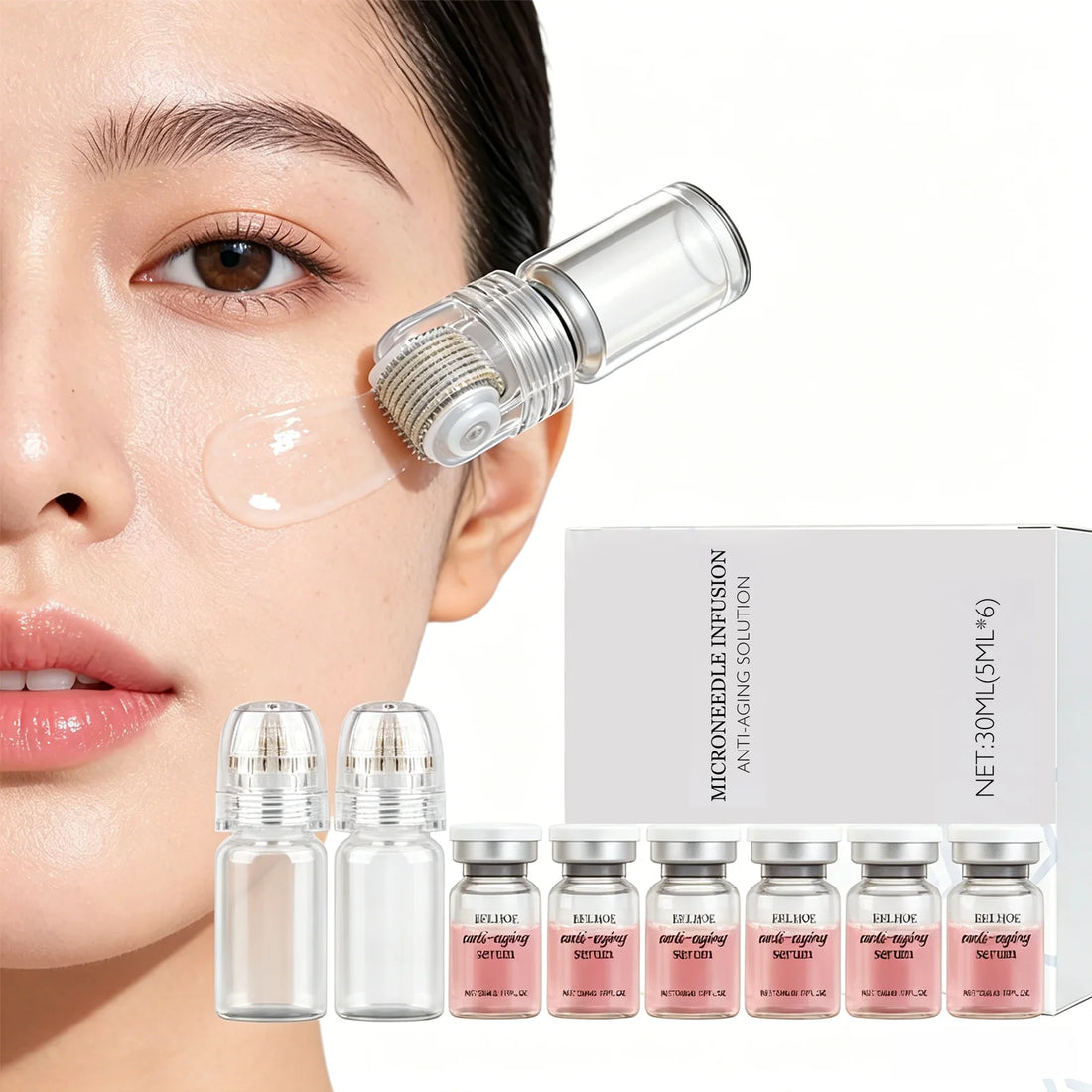 0.2MM Microneedle 2 Tools + 6 Bottles Korean Moisturizing Renewal Set, Firming & Anti-Fine Lines Daily Skin Care Essence