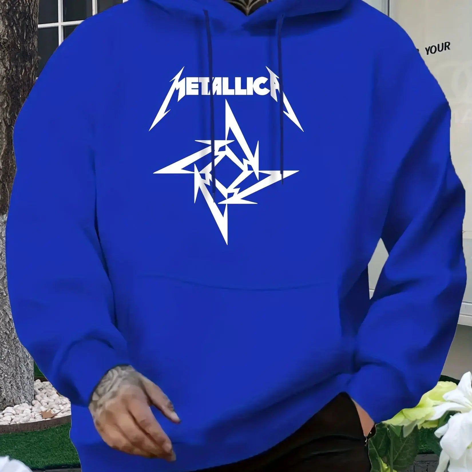 Men'S Metallic Star Print Hoodie - Casual Blue Sweatshirt with "METALLIC" Design, All-Season Comfort, Regular Fit, Casual Wear