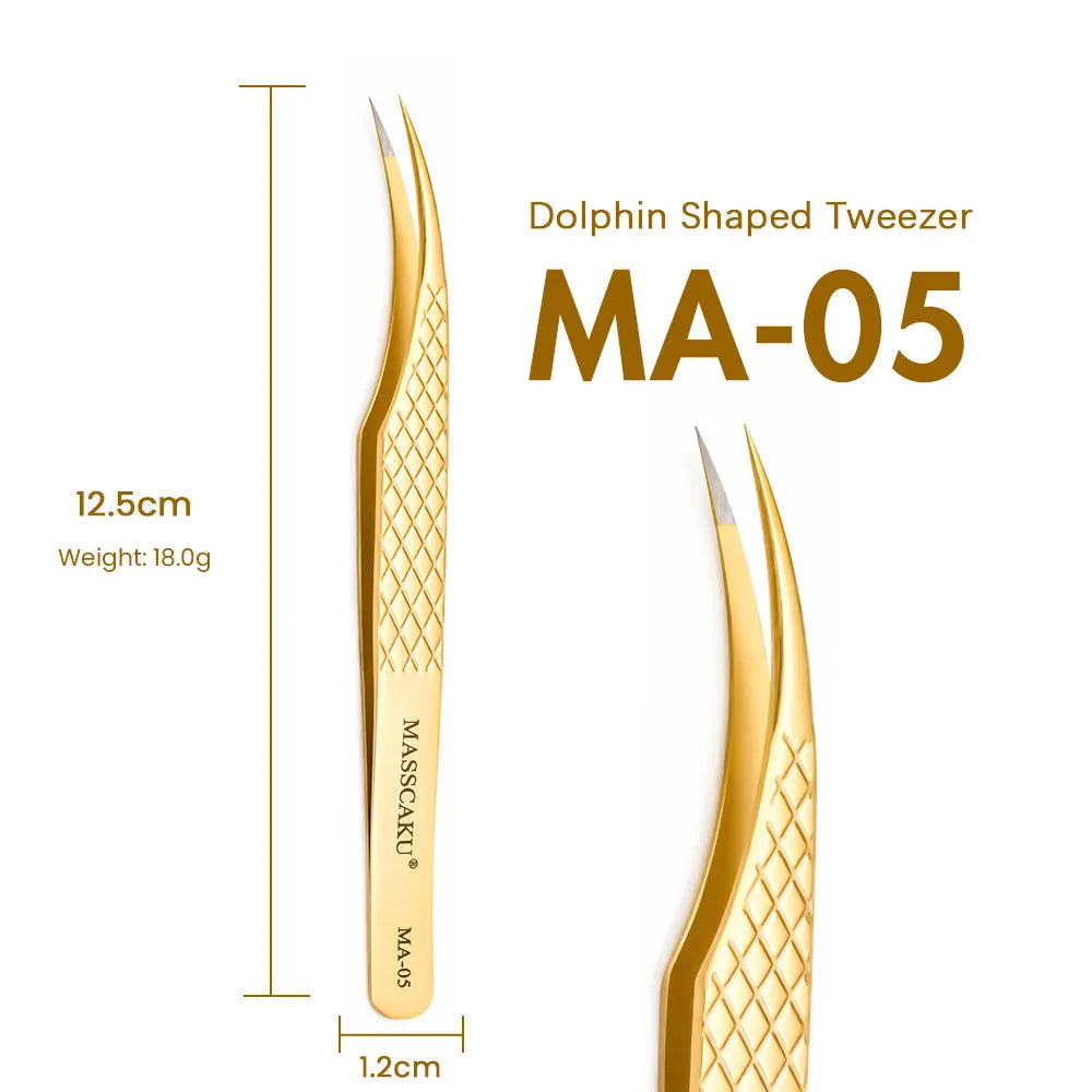 MASSCAKU Eyelash Extension Tweezers Fiber Tip Gold Stainless Steel Lash Pickup Tool for Volume Fans Classic Lash Isolation