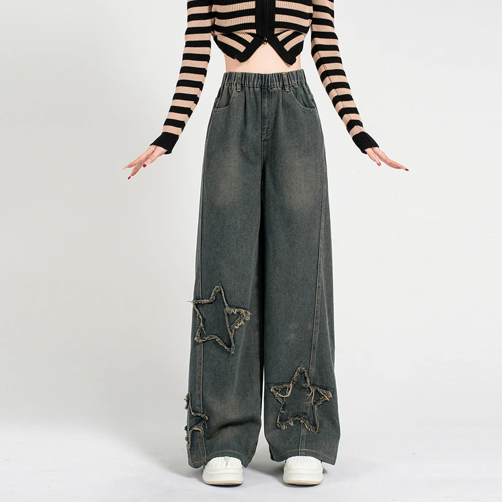 Girls' Fashion Star Wash Jeans - Retro Loose Straight Leg Denim Pants, Versatile & Casual