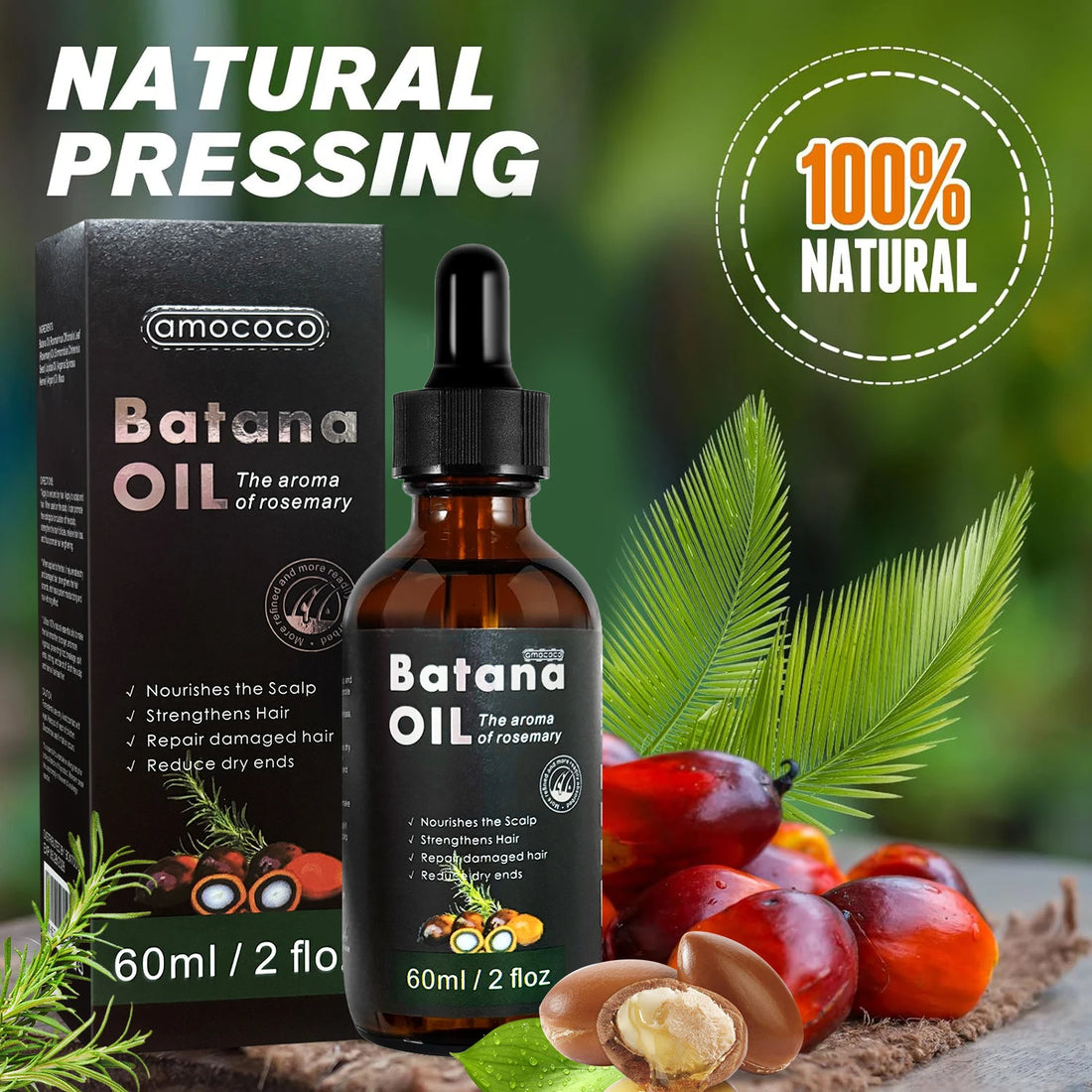 Amococo Batana Oil with Rosemary Hair Scalp Nourishing Oil Natural Hair Strengthening Serum for Dry Ends Frizz Control 60ml X 2 + 30ml X 1