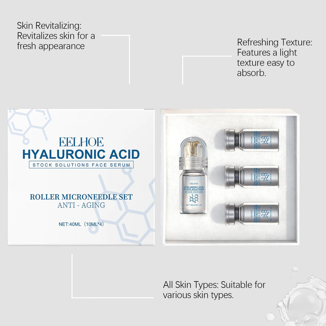 Hyaluronic Acid Stock Solutions Face Serum with Roller Microneedle Set Moisturizing Anti-Wrinkle Facial Serum Smoothing Refresh Halalzen
