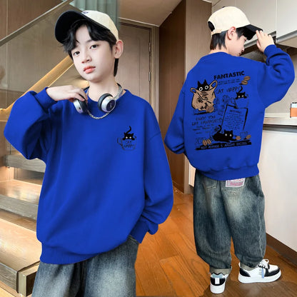 New Boys Girls Sweatshirt Pullover Autumn Korean Version Cartoon Cat Group Printed Long Sleeves T-Shirt Tops Casual Kids Clothes