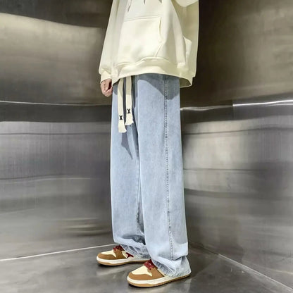 Men Fashion Korean Version Student Casual Jeans Men High Street Straight Leg Pants elastic waistband Vintage Wide Leg Trousers