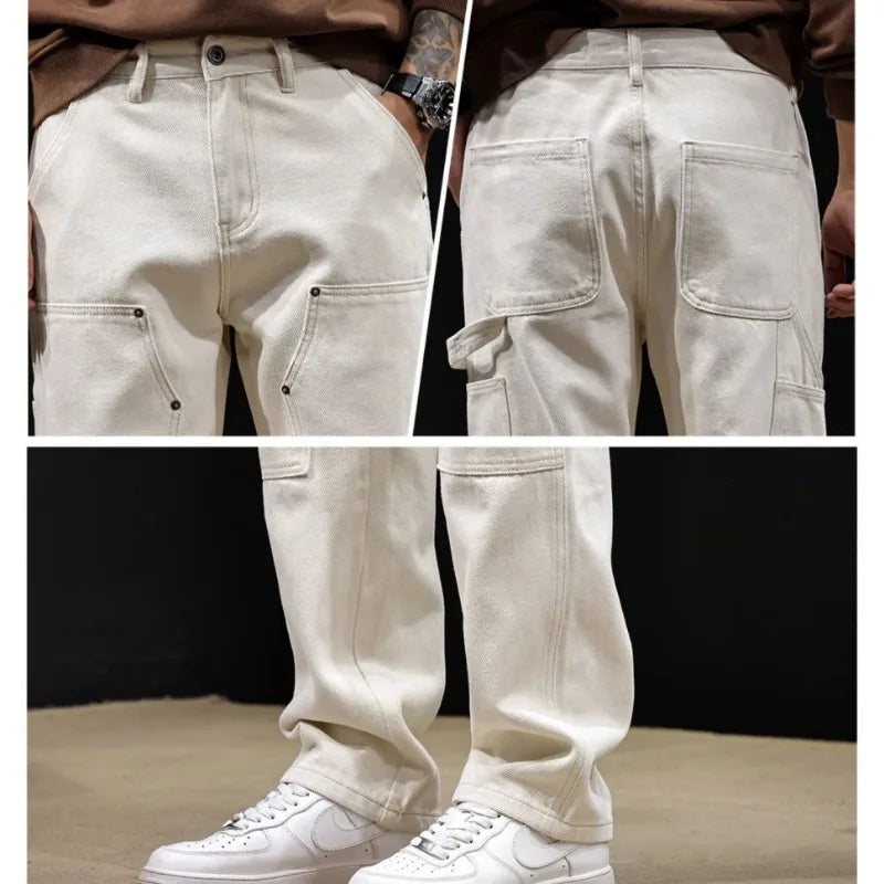 White Workwear Thigh Patch Jeans Men's New Woodcutter Rivet Straight Denim Pants Spring Autumn American Retro Cotton Cargo Pants