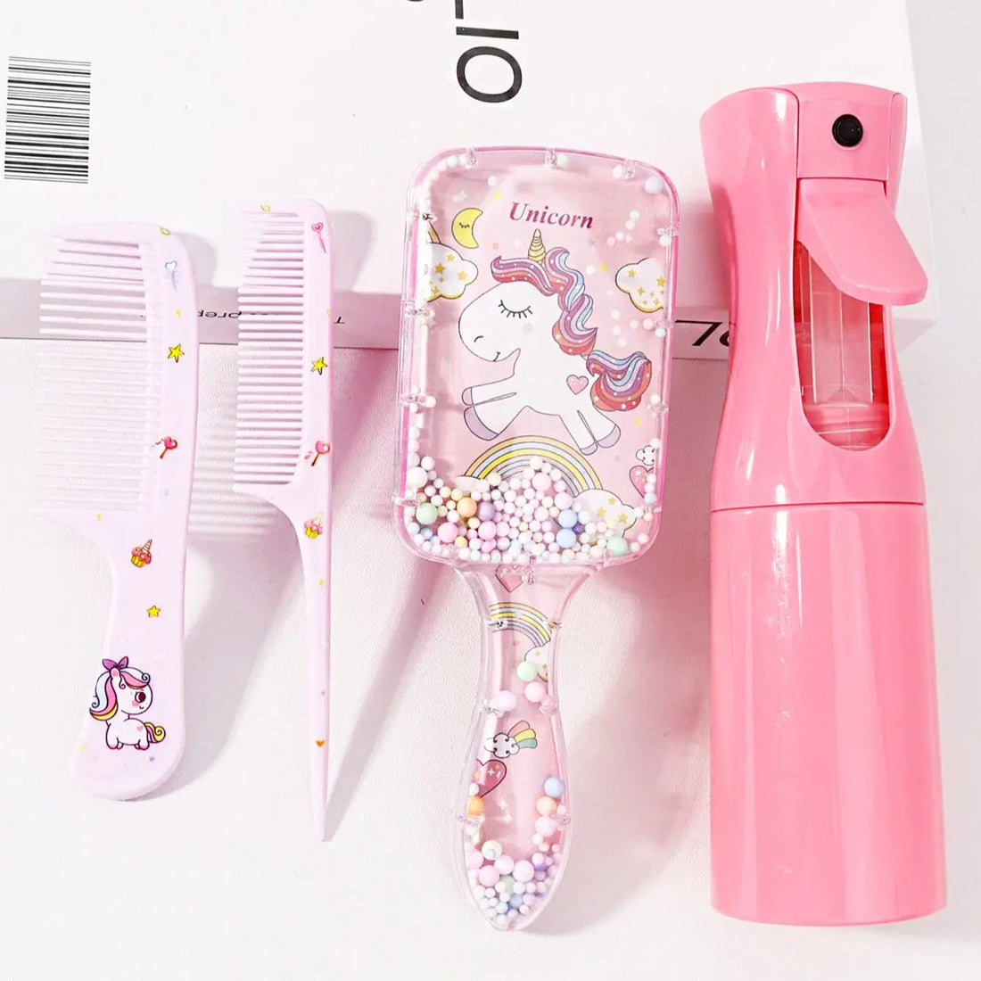4pcs hair styling set, 200ml spray bottle, cute cartoon pattern square hair brush and 2 combs, Special for real hair wigs Halalzen