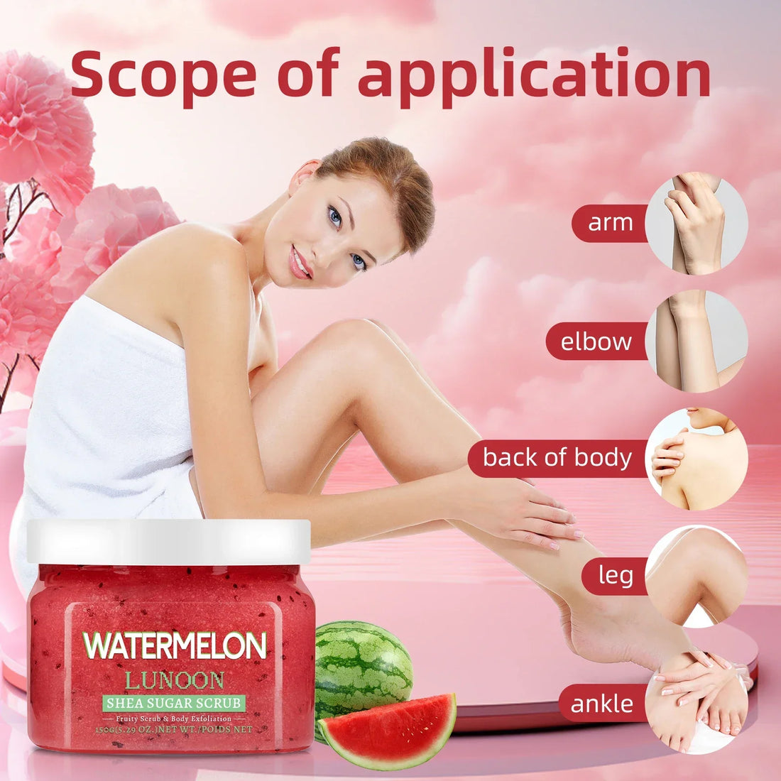 Watermelon Shea Butter Sugar Scrub 150g - Natural Exfoliator for Smooth, Hydrated Skin on Elbows, Knees, Back & Legs.