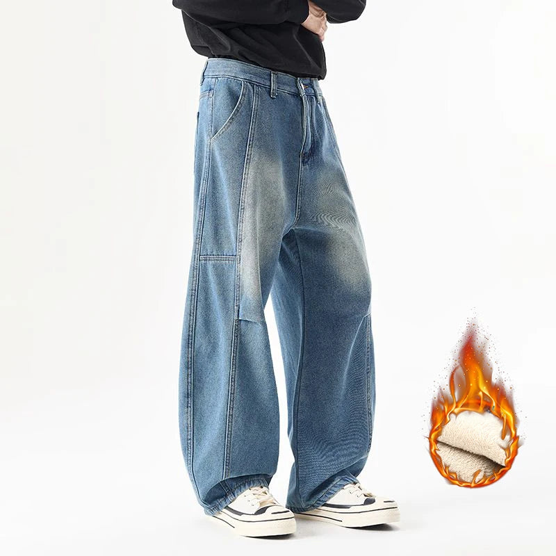 Men's Fleece Thick Curved Knife Jeans American Style Retro Loose Wide Leg Denim Pants Vintage Casual Splicing Design Trousers HALALZEN