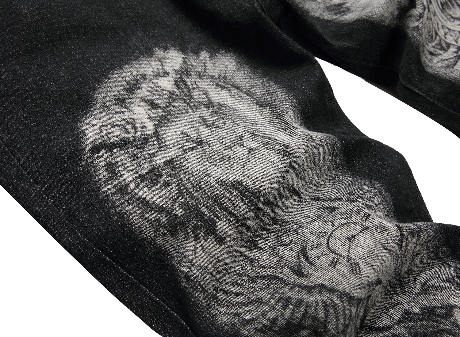 Men's black print pants; Men's print wolf head pattern jeans; Stretch blue jeans 90035