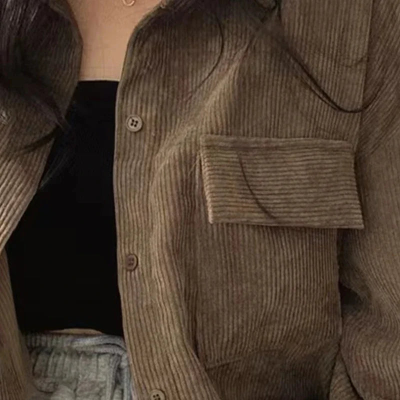 Autumn Retro Versatile Single Breasted Turndown Collar Long Sleeved Jacket for Women Coffee Casual with Pockets Loose Coat