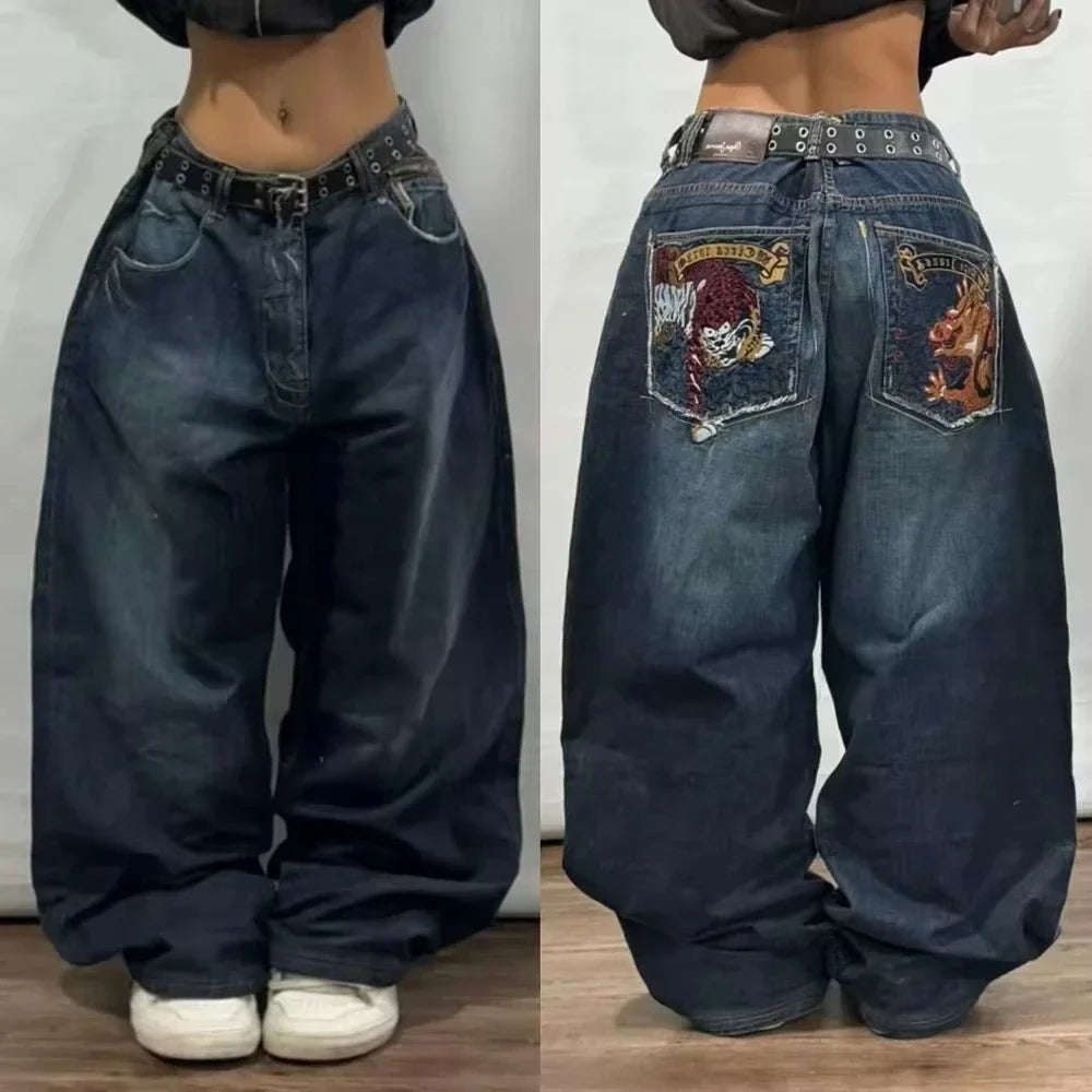 American Street Trend Letter Embroidered Loose Jeans Men Harajuku Y2K New Hip Hop Oversized Wide-leg Pants Unisex Mopping Jeans HALALZEN