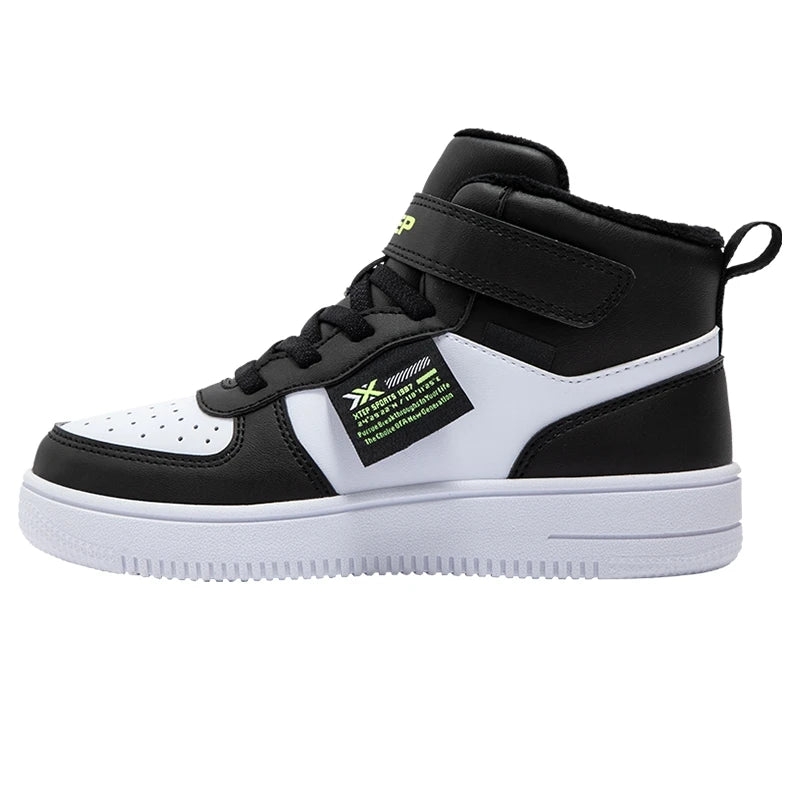 Xtep Kid's Skateboarding Shoes 2024 Winter Unisex Warm Cotton High-top Velcro Stitching Color Fashion Casual Shoes 676416379380