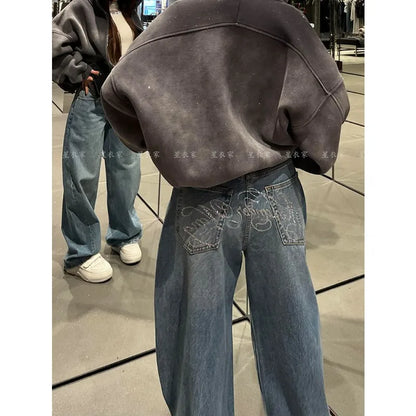 Loose Wide Leg Womens Jeans Casual  Pants Trousers Vintage Retro Design American Style Chic Distressed Oversized Fashion