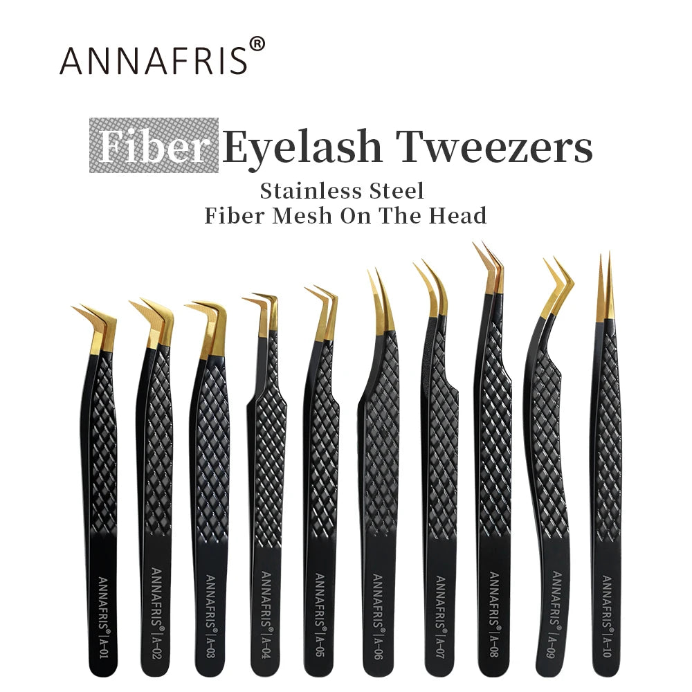 ANNAFRIS High-end Fiber Tip Lash Tweezers Stainless Steel Straight Head Curved Tip Eyelash Extension Tweezer Makeup Tools