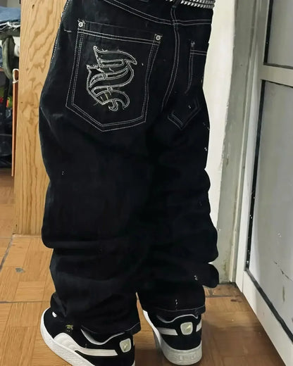 Y2K Street New Skull Embroidered Jeans American Fashion Trendy Retro Pants Men Hip Hop Gothic Harajuku Punk Loose Wide Leg Pants