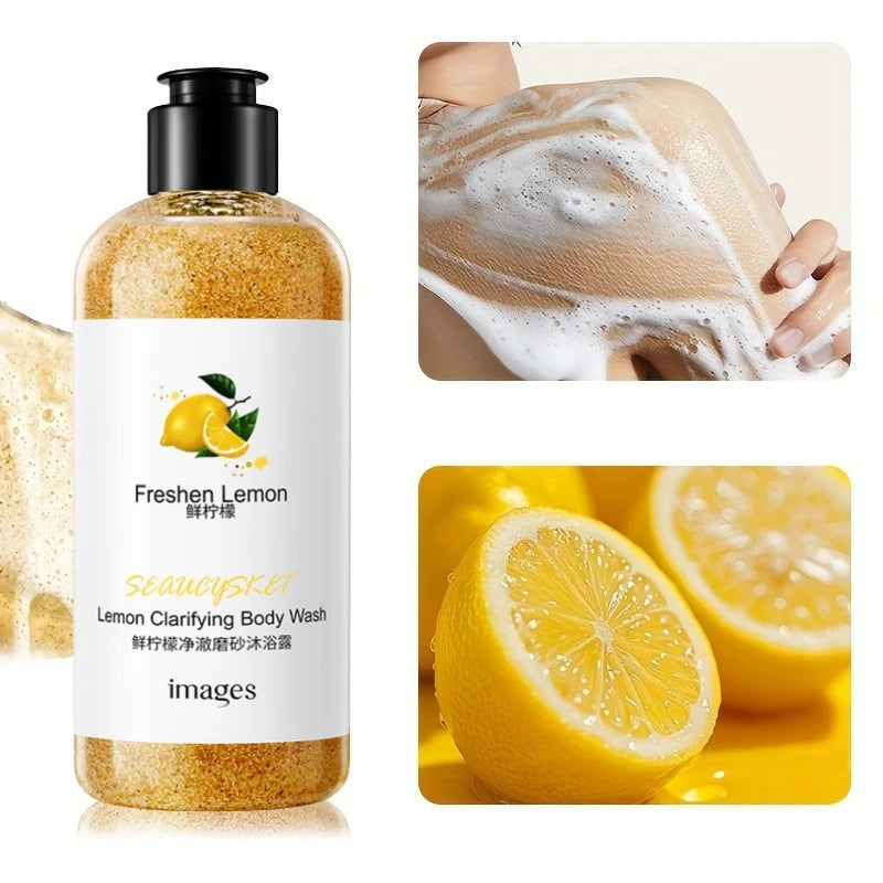 300ml Lemon Scrub Shower Gel, Alcohol-Free, Non-Greasy, Formaldehyde-Free, Rich in Citric Acid, Vitamin E, and Hyaluronic Acid, Suitable for All Light Beige Skin Types, with a Fresh Scent, Featuring Moisturizing, Nourishing, Halalzen