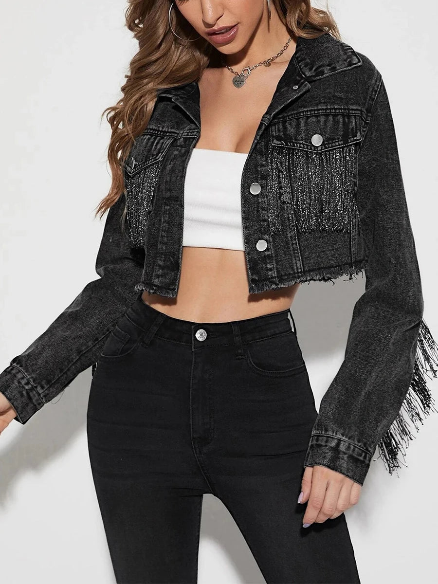 Women s Denim Jacket with Long Sleeves Turn-down Collar Button Closure and Tassel Detailing - Stylish Short Outwear for a