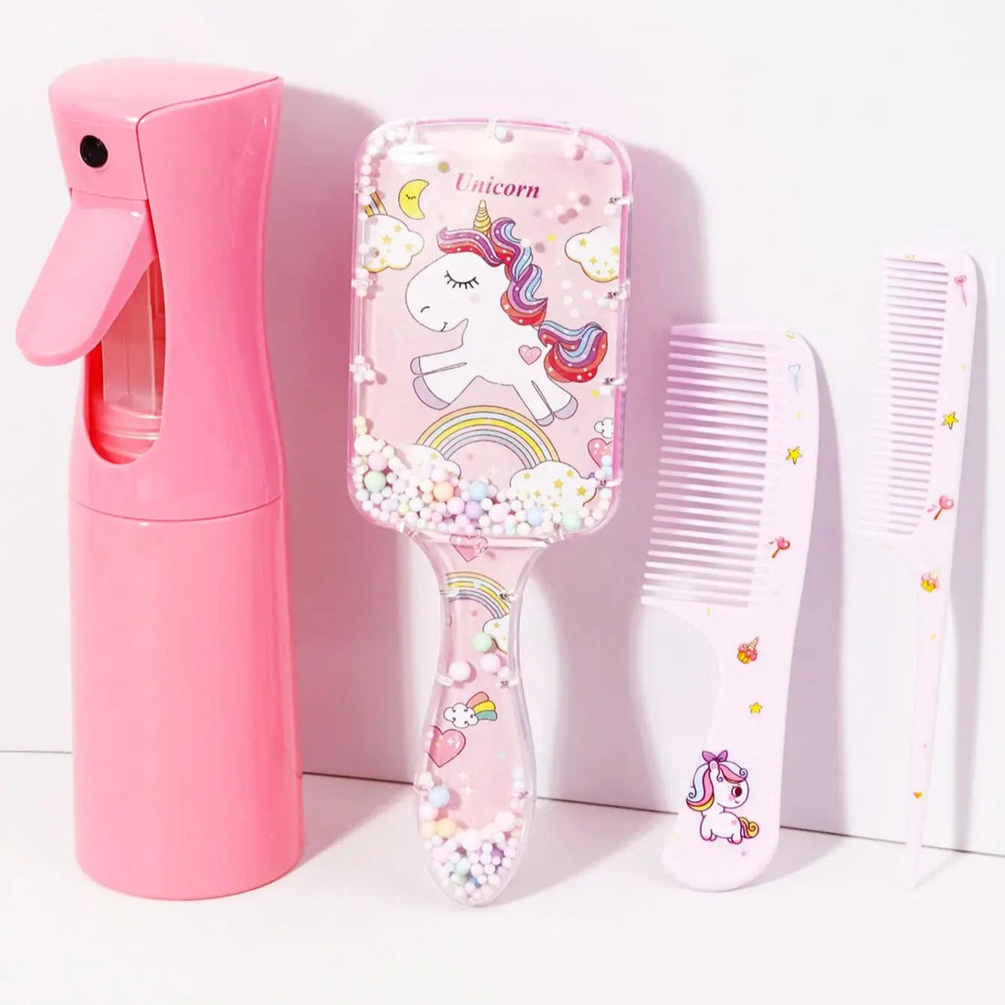 4pcs hair styling set, 200ml spray bottle, cute cartoon pattern square hair brush and 2 combs, Special for real hair wigs Halalzen