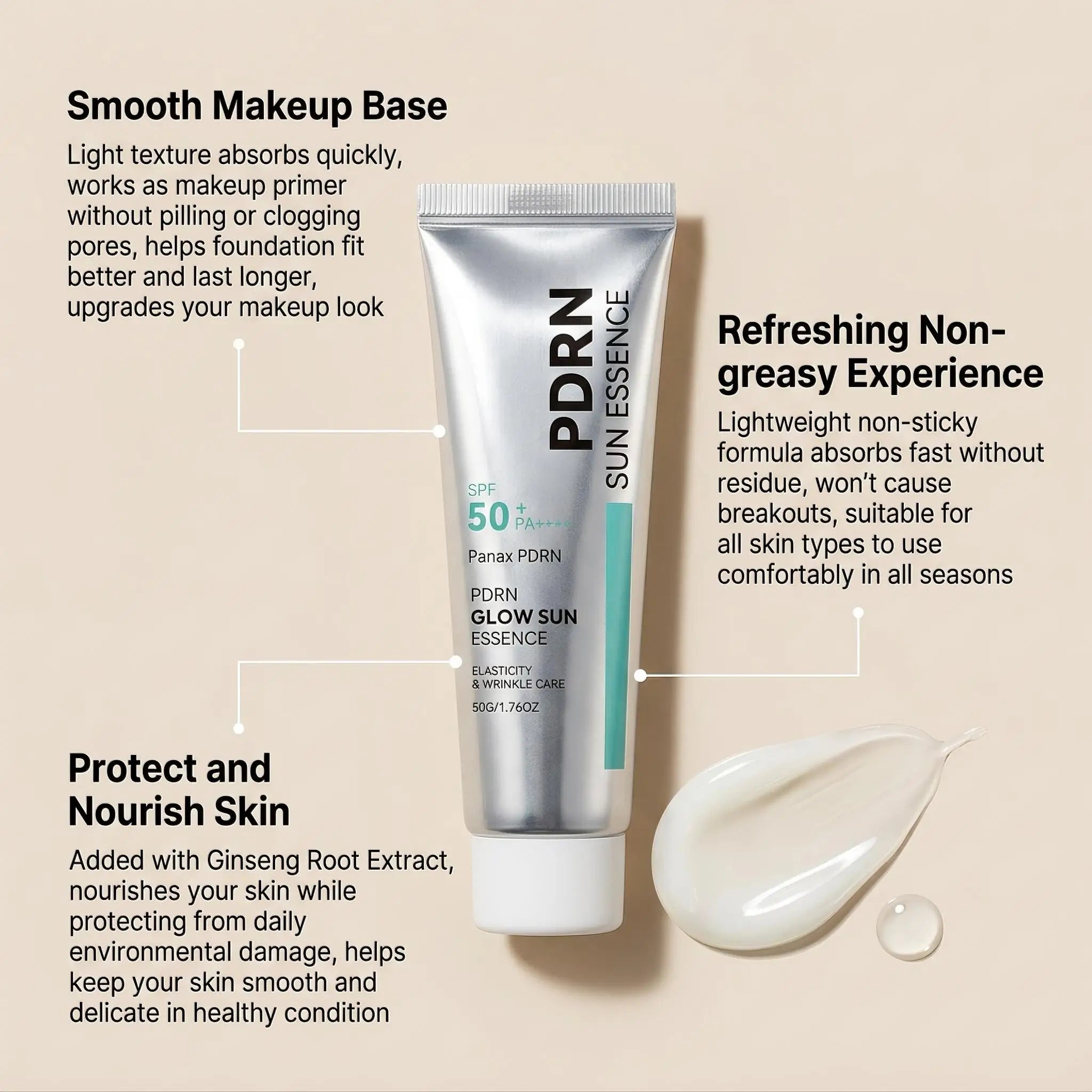 SPF 50 PDRN Facial Sunscreen Essence Broad Spectrum UV Defense Waterproof Moisturizing Refreshing Non Sticky Daily Face Sun Care