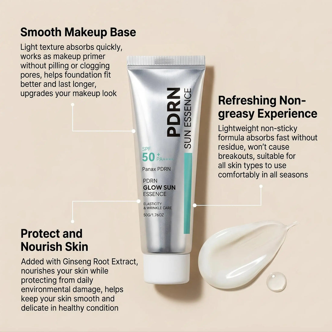 SPF 50 PDRN Facial Sunscreen Essence Broad Spectrum UV Defense Waterproof Moisturizing Refreshing Non Sticky Daily Face Sun Care