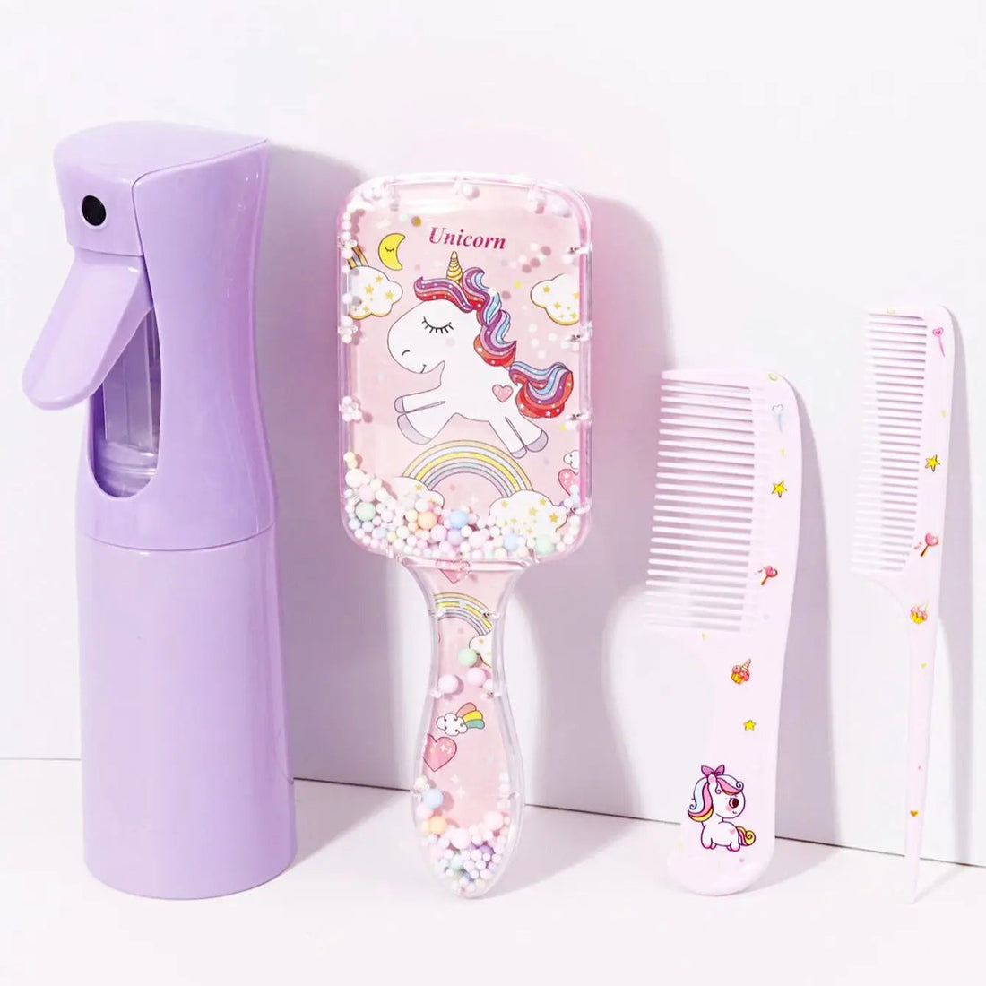4pcs hair styling set, 200ml spray bottle, cute cartoon pattern square hair brush and 2 combs, Special for real hair wigs Halalzen