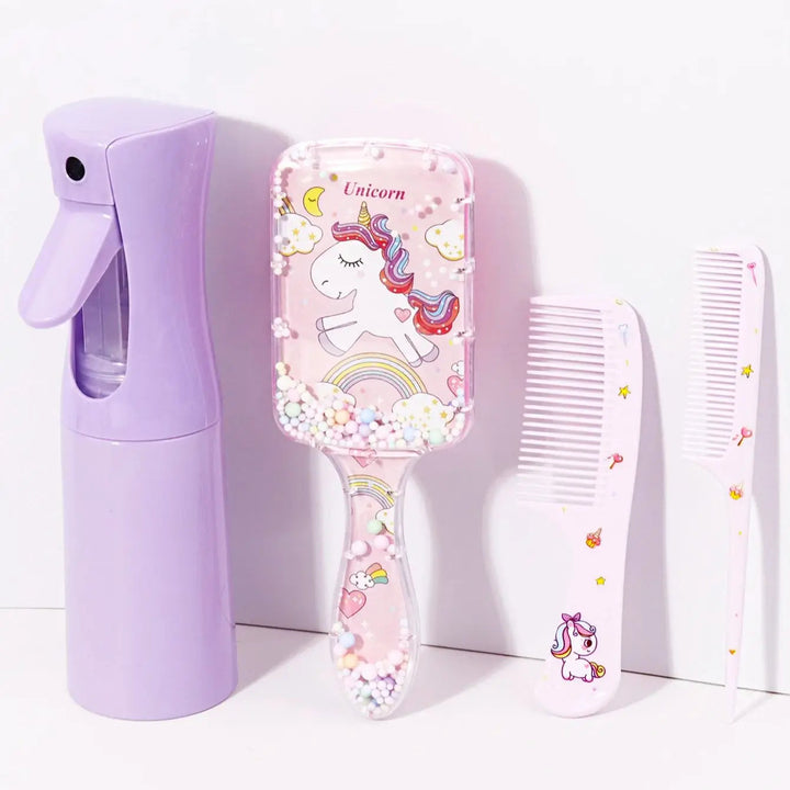 4pcs hair styling set, 200ml spray bottle, cute cartoon pattern square hair brush and 2 combs, Special for real hair wigs Halalzen
