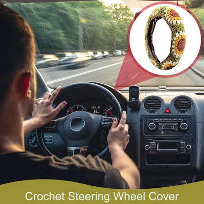 Universal Crochet Sunflower Car Steering Wheel Cover 35-38cm Anti-Slip Auto Handmade Wheel Cover With Seat Belt Cover Set