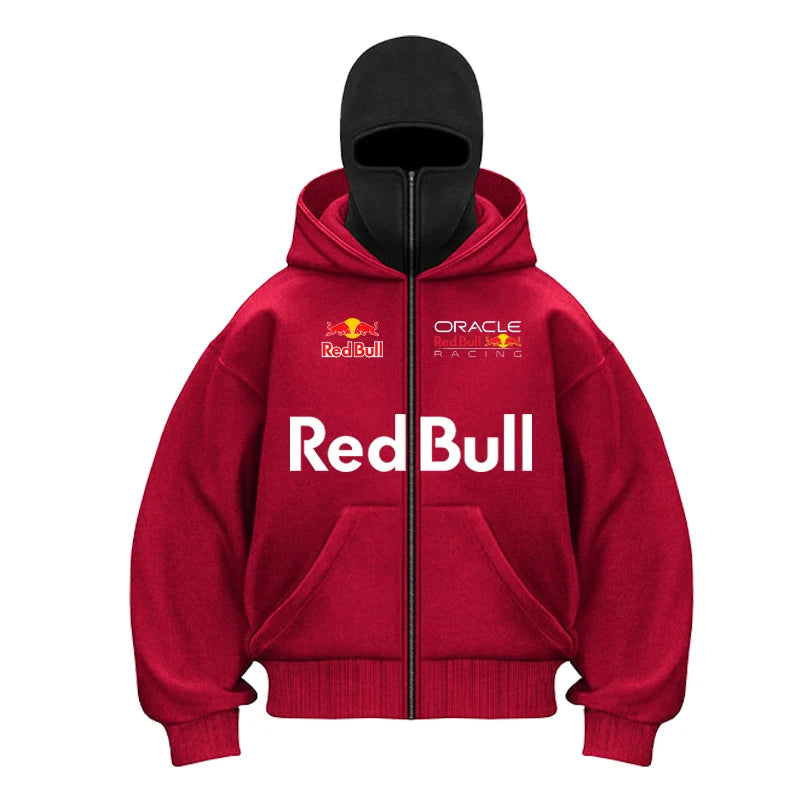 Red Bull Logo Winter Motorcycle Jacket Double Hat Design Loose Fit Windproof Hoodie Ninja Mask Sportswear Versatile Winter Outer