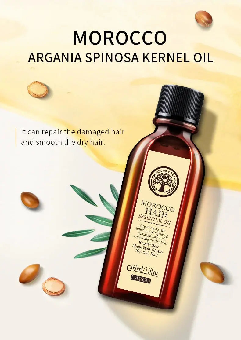 Laikou Argan Hair Oil Essential Oil Natural Anti-hair Loss Prevent Hair Dry Soft Nourishing Frizz Damaged Repair Care 60ml Halalzen