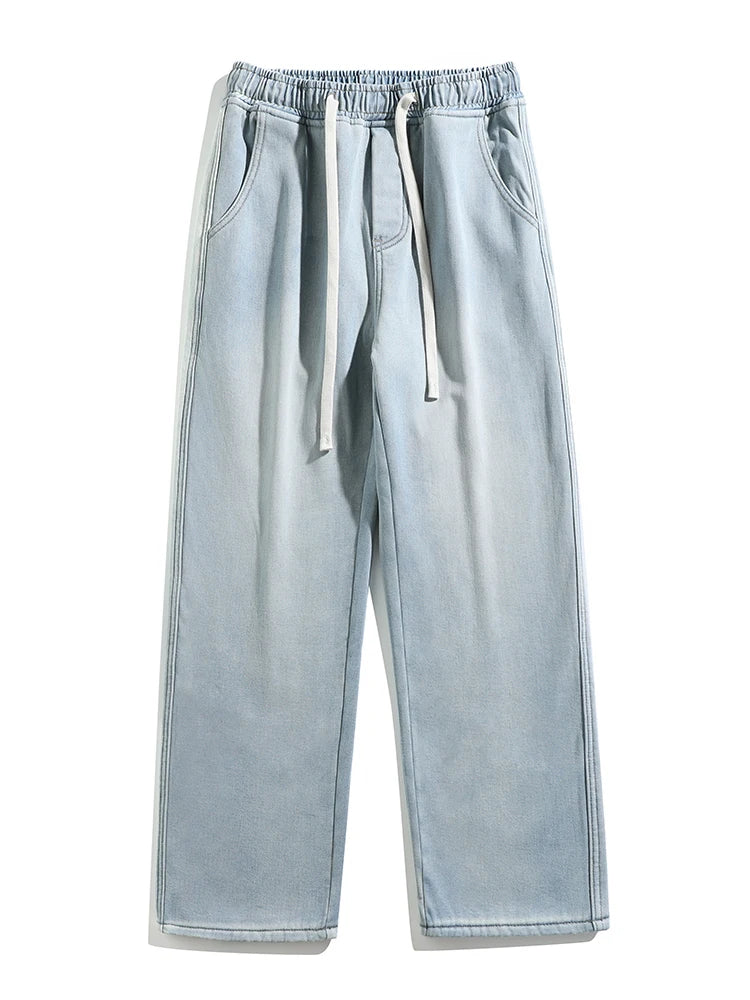 Winter Men's Jeans Korean Fashion Fleece Liner Thick Warm Straight Denim Pants Washed Cotton Retro Blue Wide Leg Jean Trousers HALALZEN