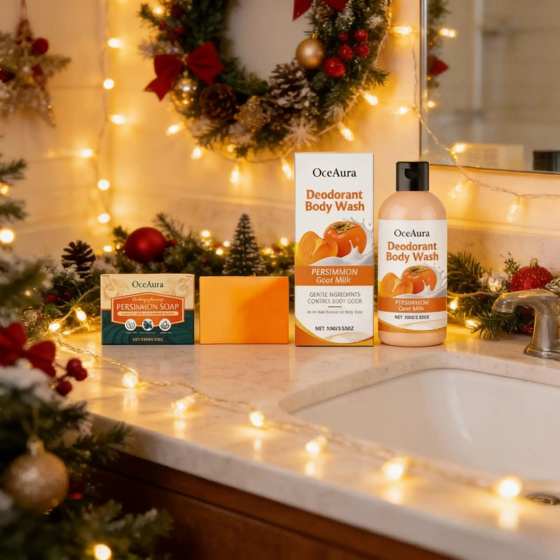 OceAura Persimmon Soap Bar for Body Odor Control Deodorant Professional Skin Cleaning Goat Milk Body Wash Persimmon Shower Gel Halalzen