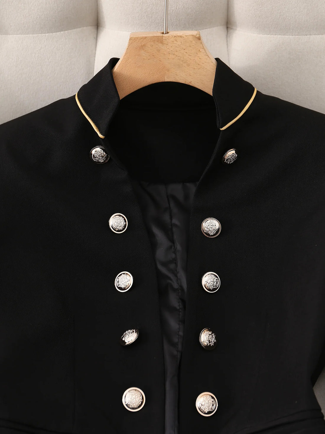 Elegant Black Double-Breasted Blazer with Golden Buttons -Long Sleeves, Polyester Fabric, Perfect for Spring/Fall, Formal Attire