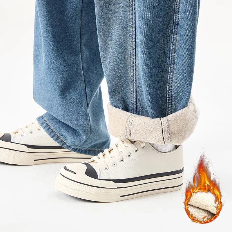 Men's Fleece Thick Curved Knife Jeans American Style Retro Loose Wide Leg Denim Pants Vintage Casual Splicing Design Trousers HALALZEN