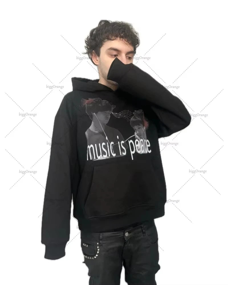 Retro Letter Casual Oversized Black Hoodie Men 2025 American Street Hip-hop Harajuku Y2K Fashion Loose Sweatshirt Women