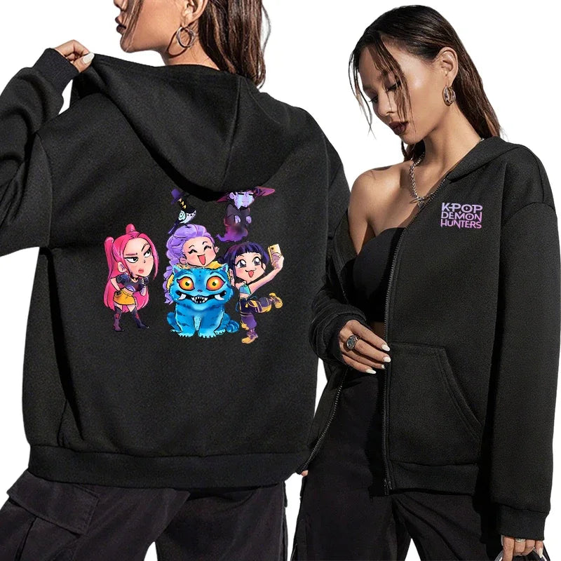 K-pop Anime Pattern Hoodies Women's Zip-up Jacket Autumn Winter Daily Casual Fashion Hooded Coat Demon Hunter Printed Sweatshirt