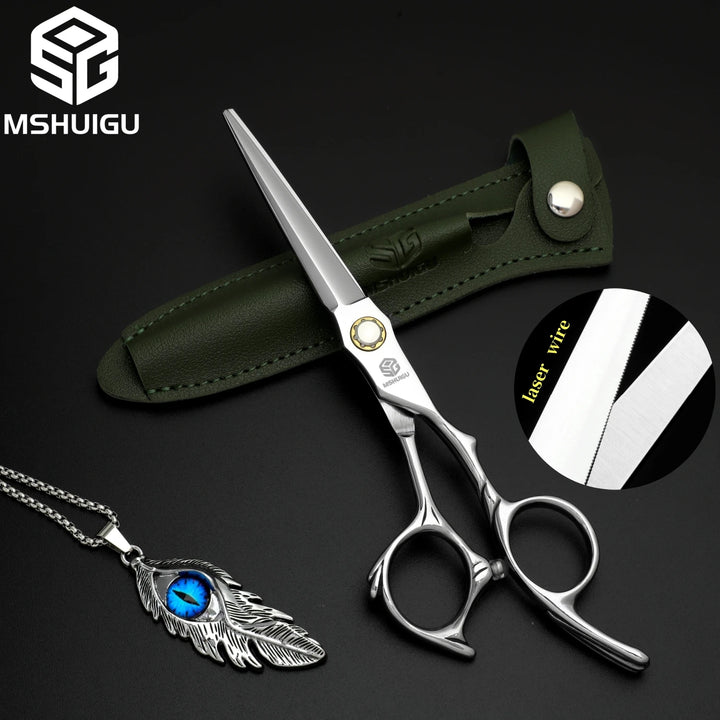 MSHUIGU 440C Professional Barber Scissors 6-7 Inch Laser Wire Serrated Blade Multi-Functional Thinning Hair Shears for Salon Too