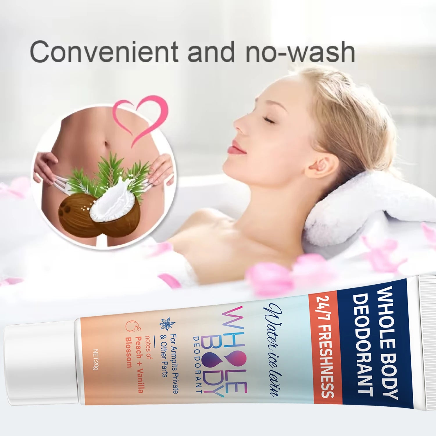 24/7 Freshness Whole Body Deodorant for Armpits & Private Parts with Hyaluronic Acid & Peach Vanilla Scent.