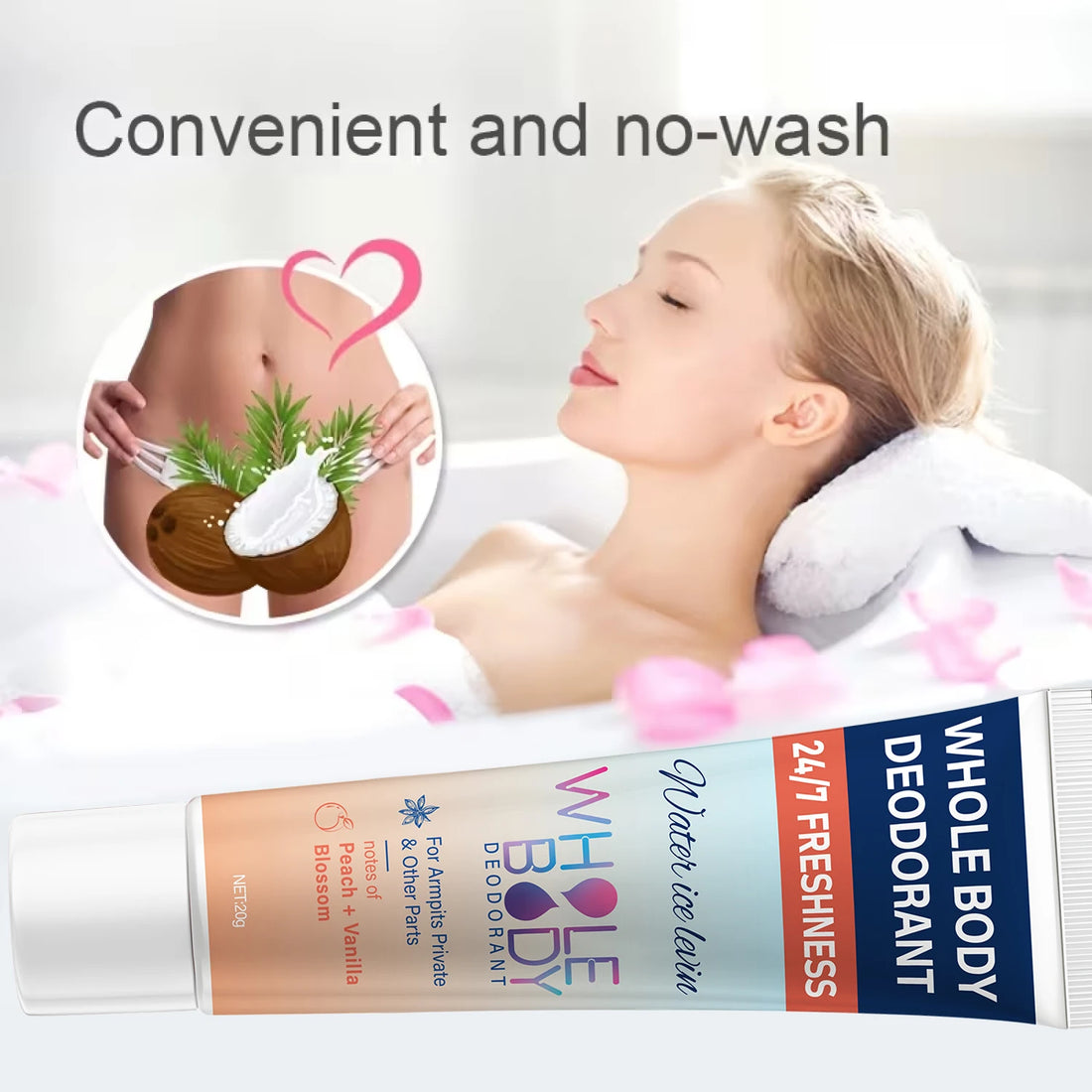 24/7 Freshness Whole Body Deodorant for Armpits & Private Parts with Hyaluronic Acid & Peach Vanilla Scent.